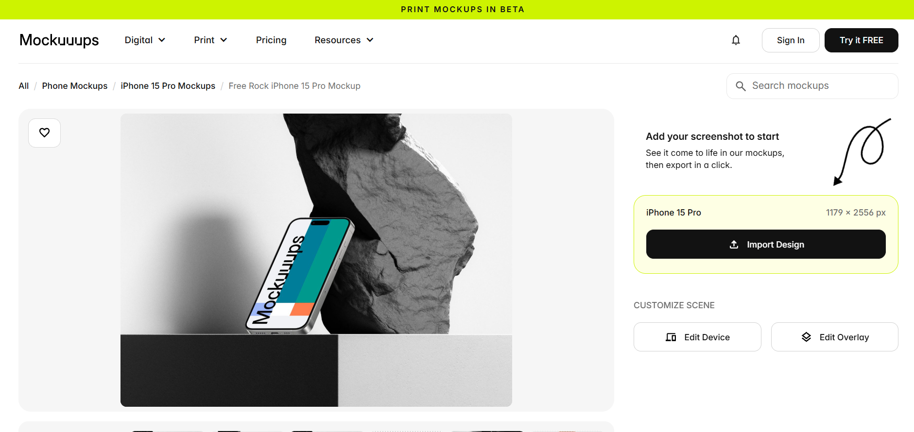 Mockuuups website interface showing an iPhone 15 Pro mockup preview 